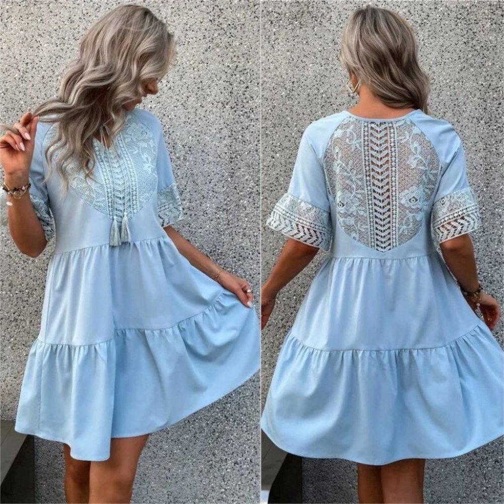 Tassel Tie Ruffle Hem lace detailed mini Dress - Picture 4 of 7